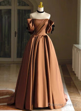 A-Line Brown Satin Off Shoulder Scoop Long Prom Dress, Satin Evening Dress
